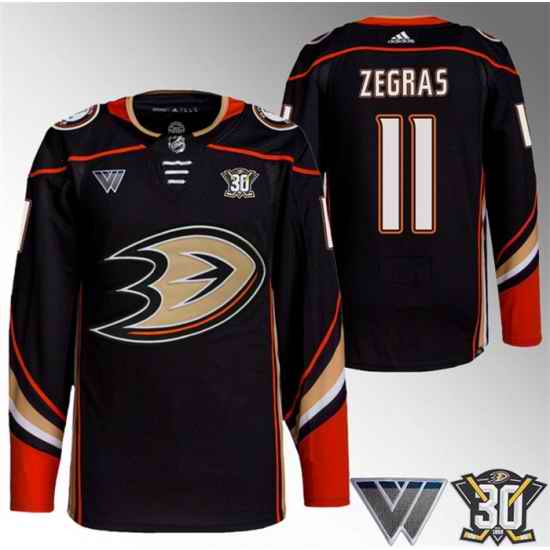 Men Anaheim Ducks 11 Trevor Zegras Black 30th Anniversary Stitched Jersey